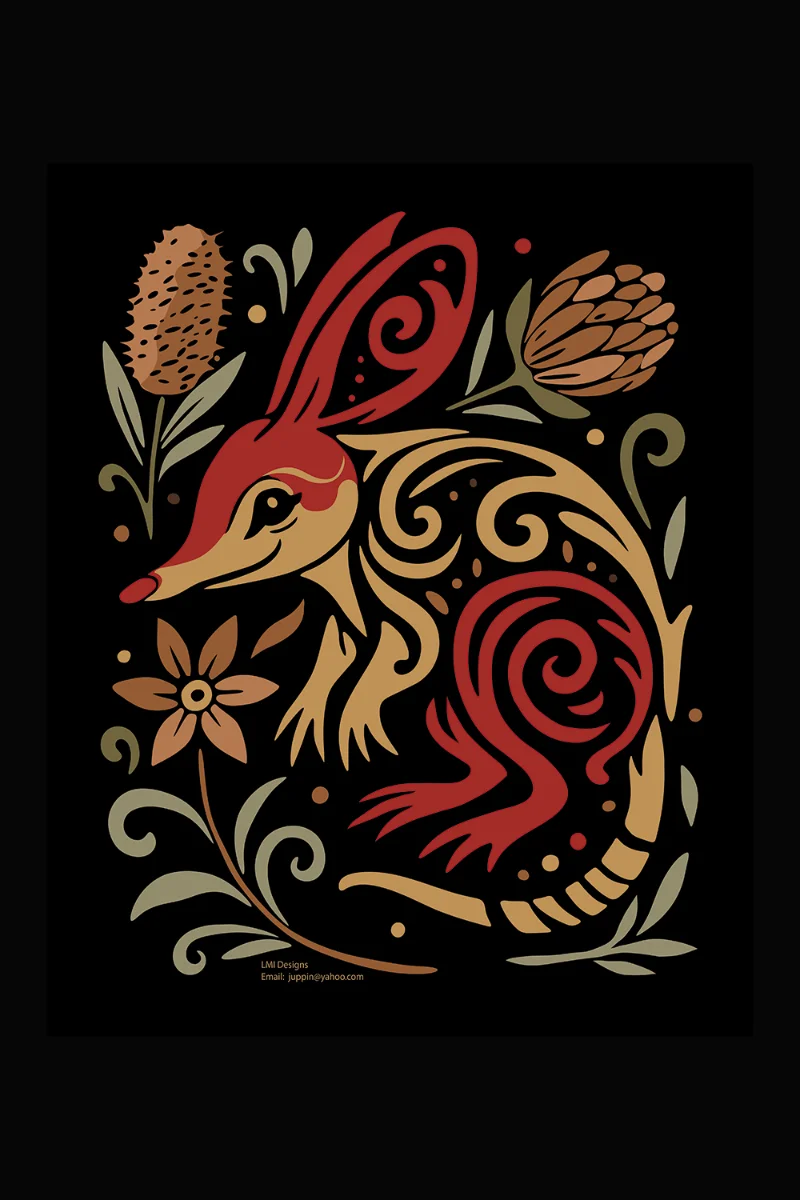 A bilby with large ears surrounded by native flora on black background