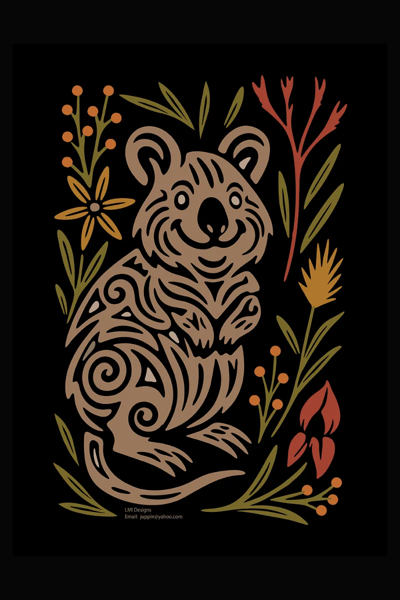 A happy Quokka with native flowers on black background