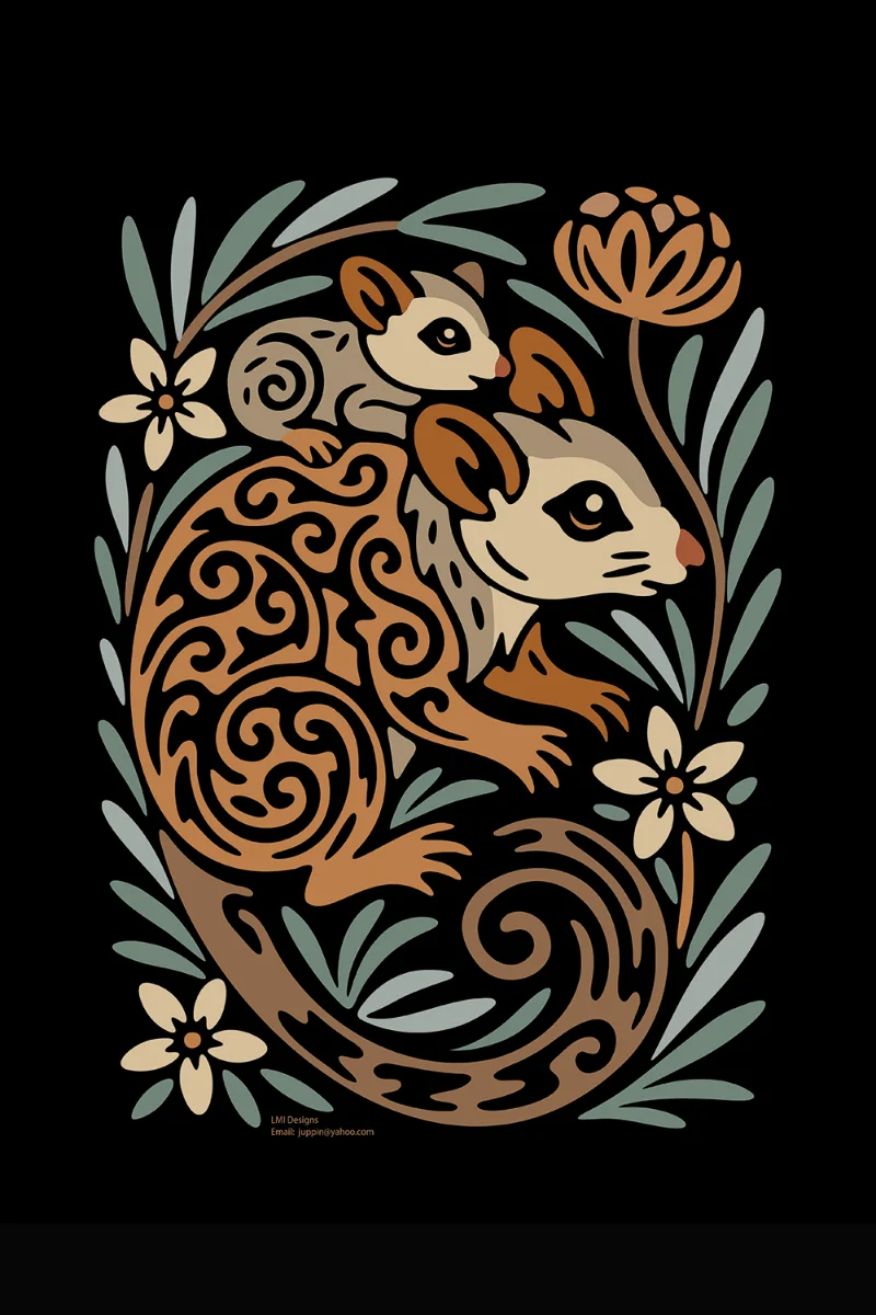 Mother possum carrying joey on her back with native flora on a black background.