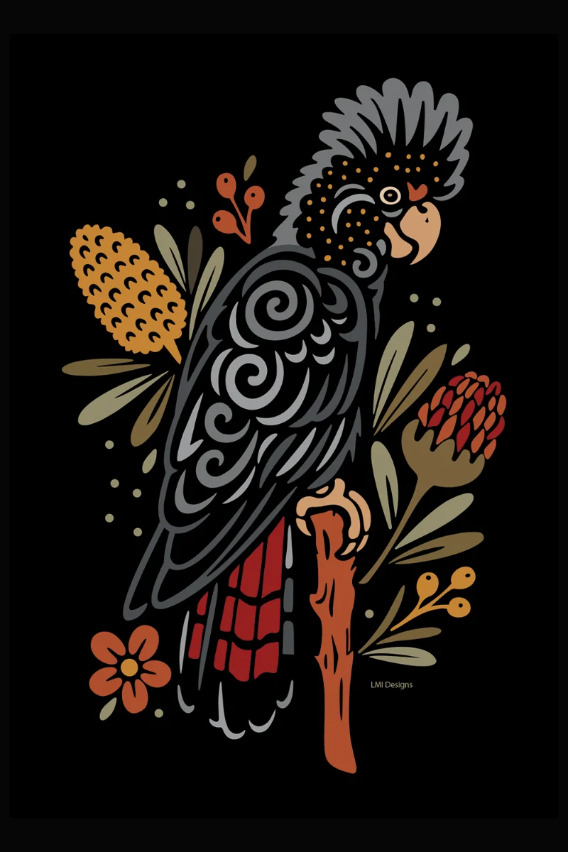 cockatoo sitting on branch with native flowers and blackground