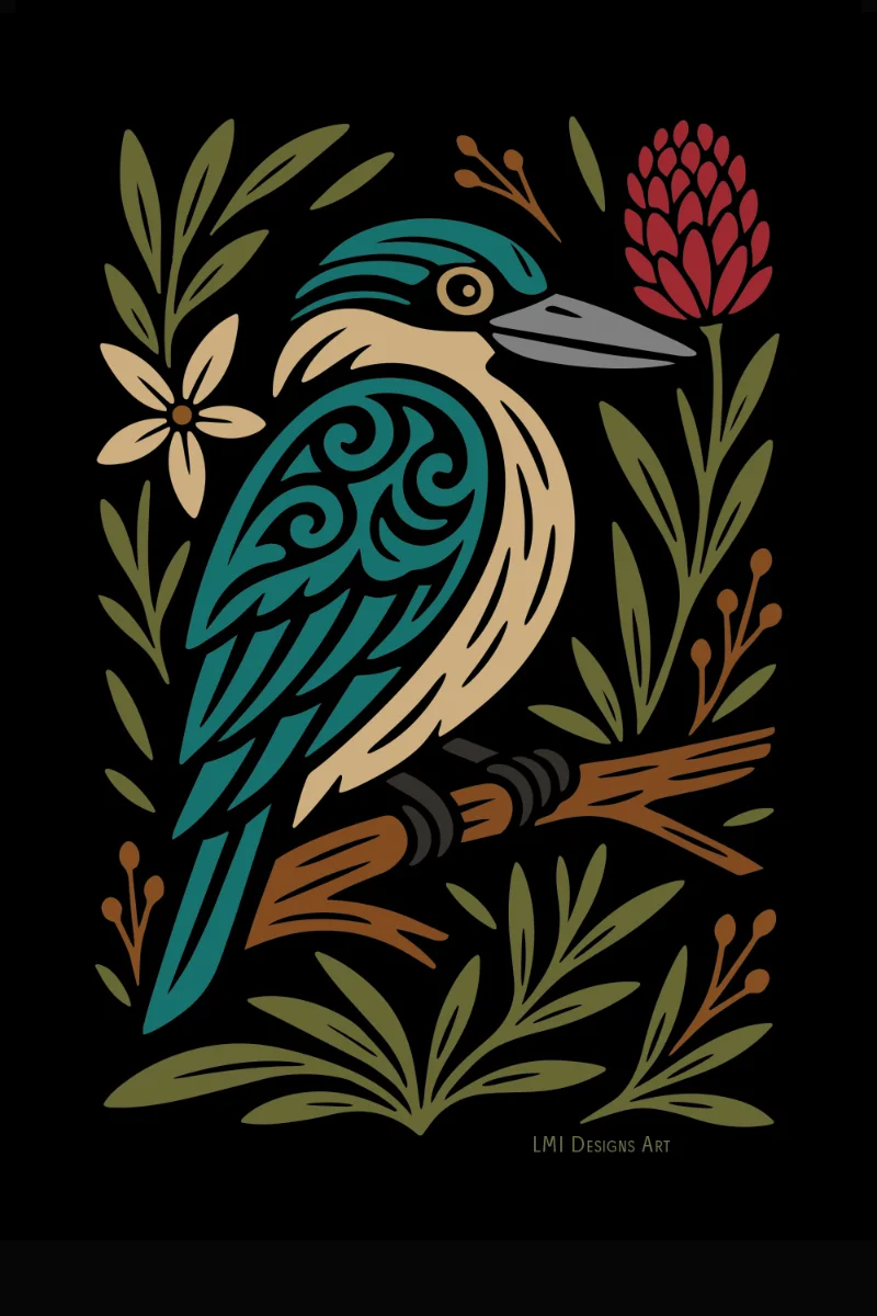 turqouise bird with native flowers on black background