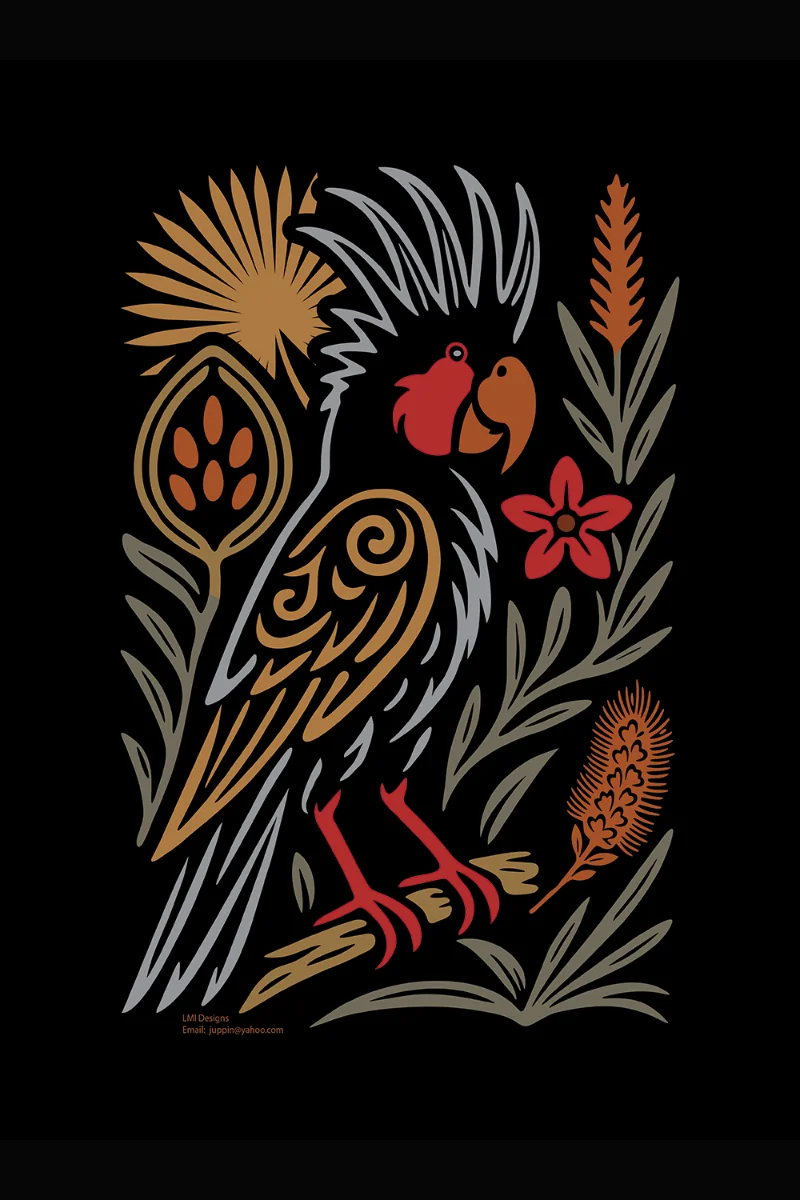 North Queensland cockatoo with NQ flora on blac backgrouns