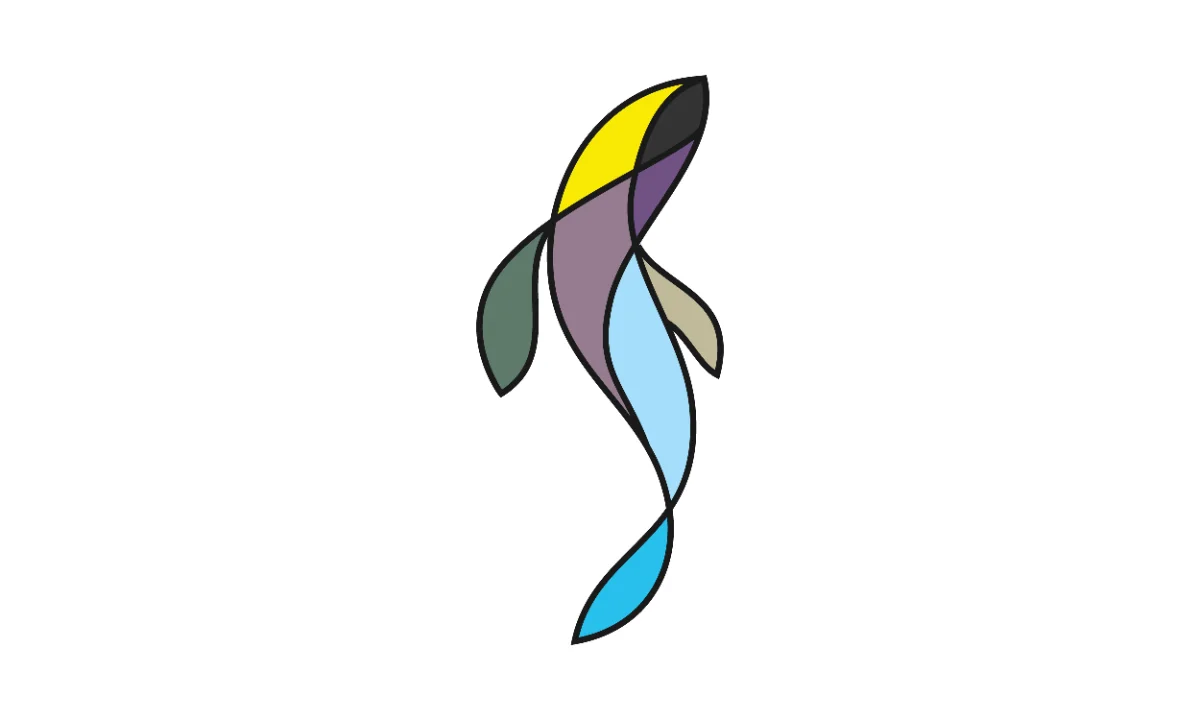 Abstract fish logo made of curved colorful shapes with black outlines.
