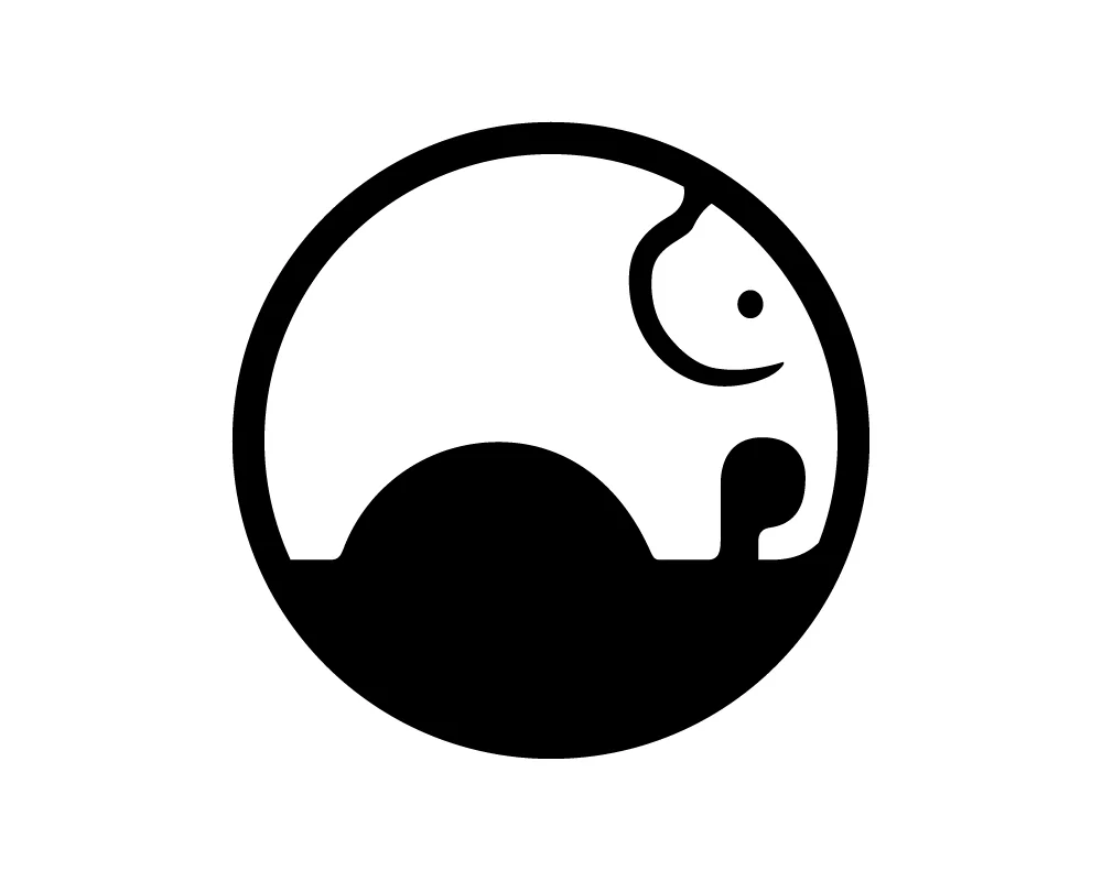 Minimalist elephant logo inside a circle with bold black shapes.