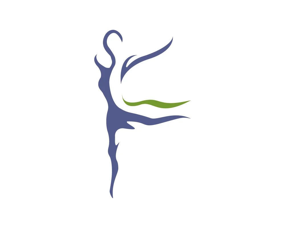 Abstract silhouette of a dancing figure with flowing curves in blue and green, symbolizing movement, balance, and flexibility on a light background.