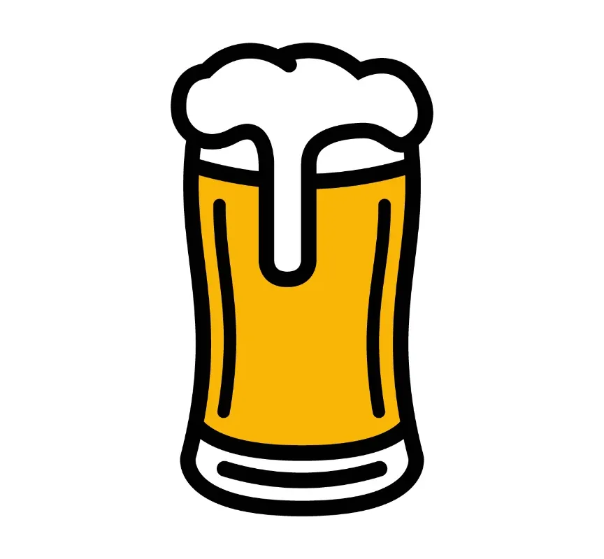 Minimalist beer glass logo with foam on top, bold black outline, and yellow fill.