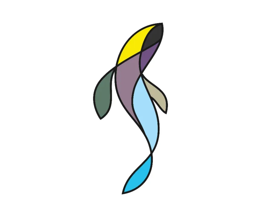 Abstract fish logo made of curved colorful shapes with black outlines.