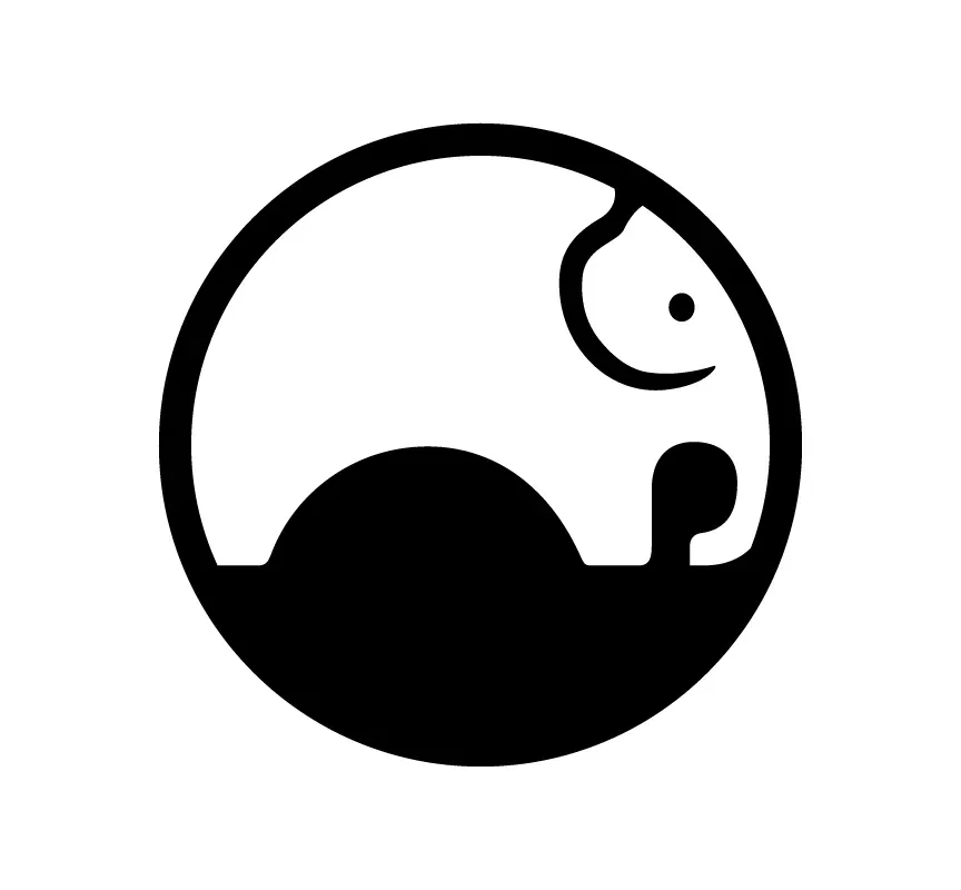 Minimalist elephant logo inside a circle with bold black shapes.