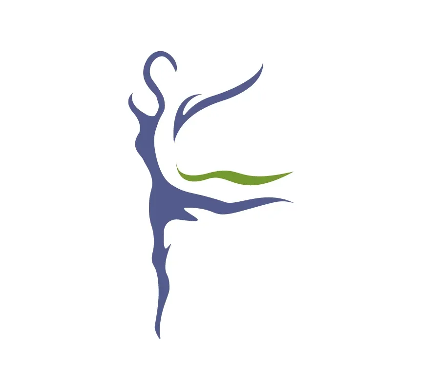 Abstract silhouette of a dancing figure with flowing curves in blue and green, symbolizing movement, balance, and flexibility on a light background.